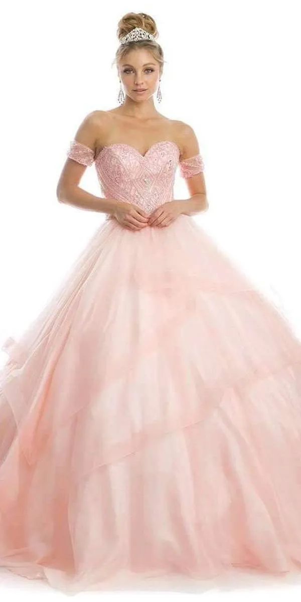 Juliet 1424 Quinceanera Ball Gown Tulle Skirt Arm Bands Beaded Bodice