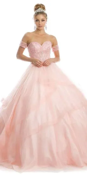 Juliet 1424 Quinceanera Ball Gown Tulle Skirt Arm Bands Beaded Bodice