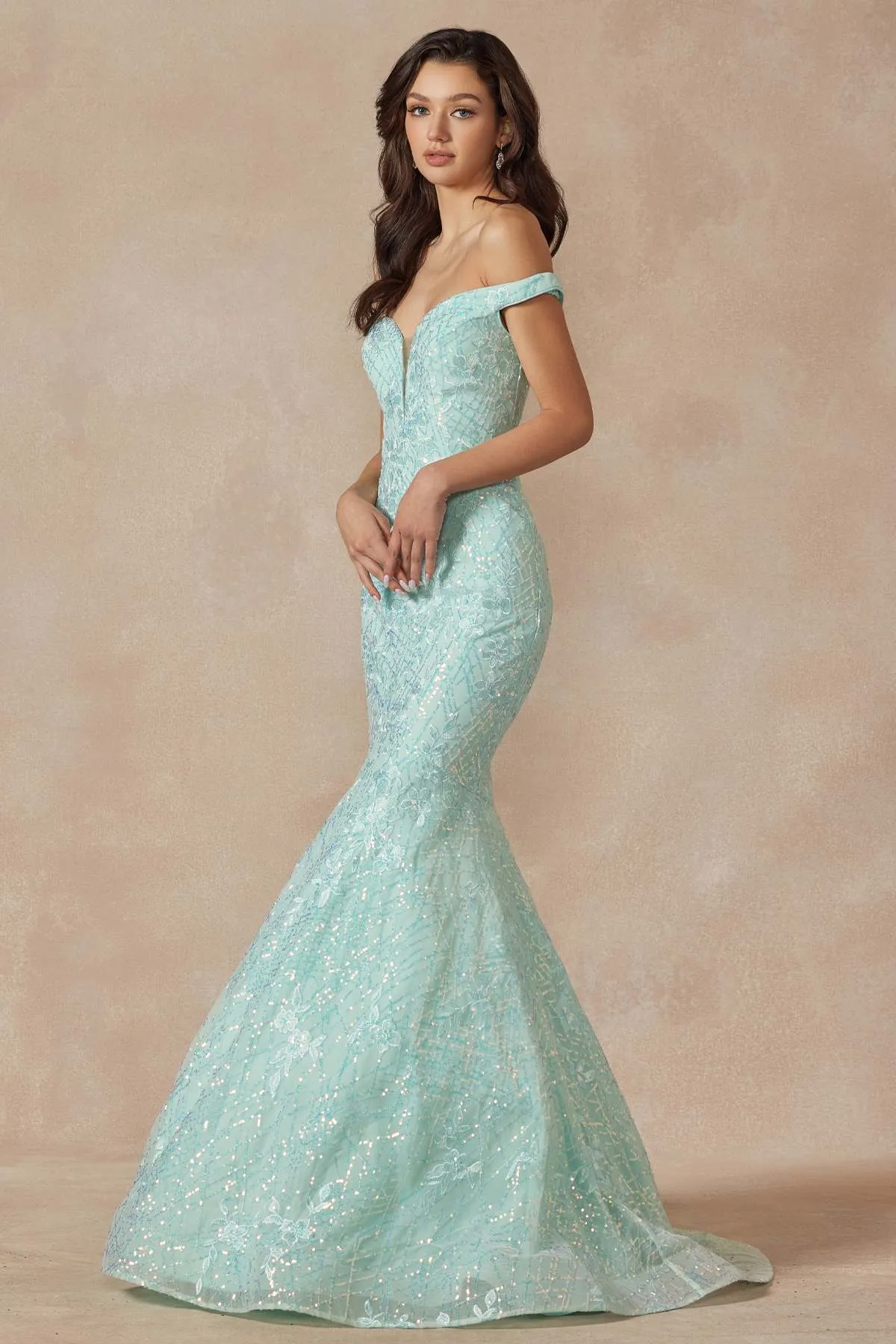 Juliet 2412 Mermaid Gown Plunging Deep V Illusion Neckline Off the Shoulder