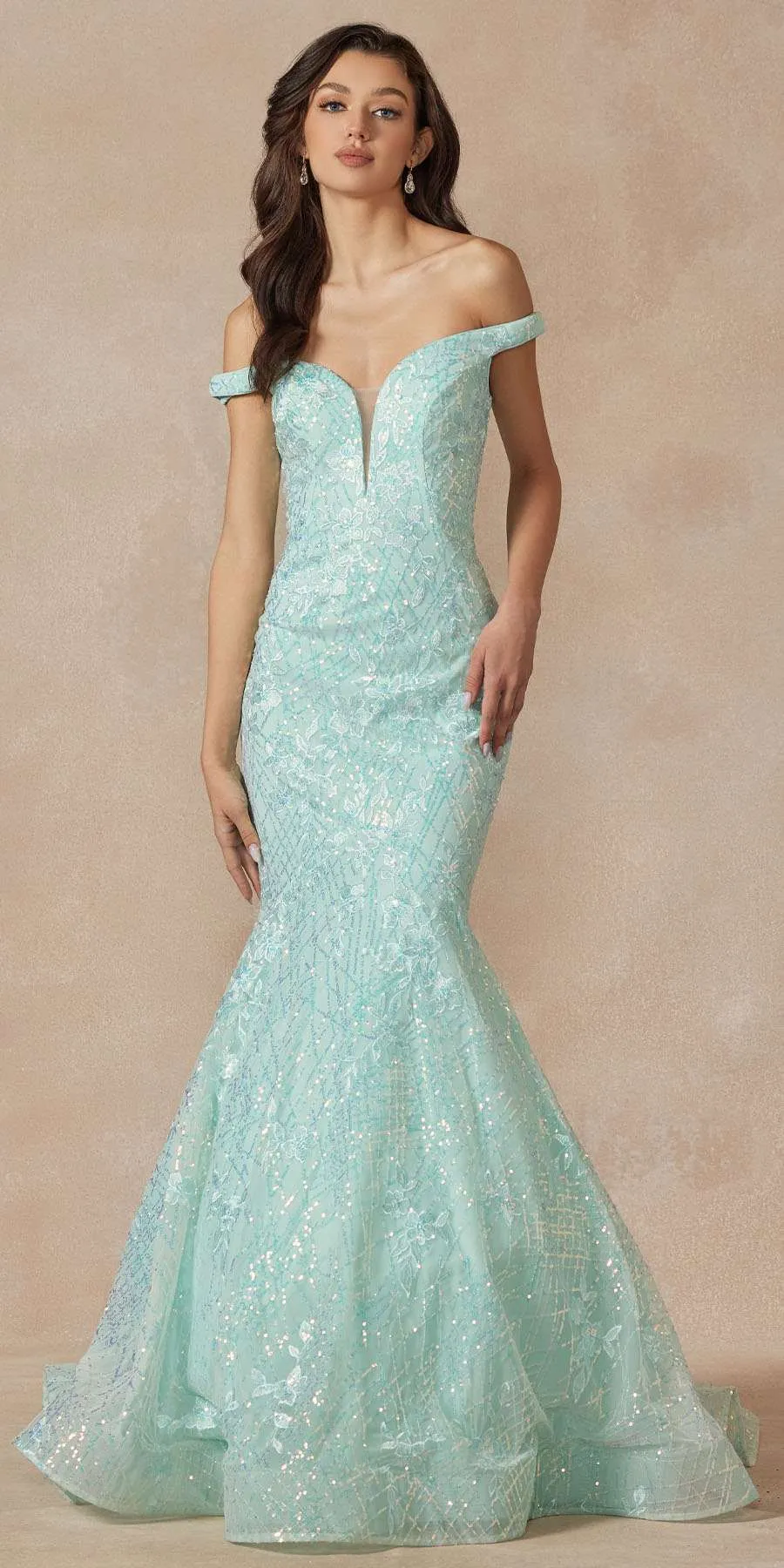 Juliet 2412 Mermaid Gown Plunging Deep V Illusion Neckline Off the Shoulder