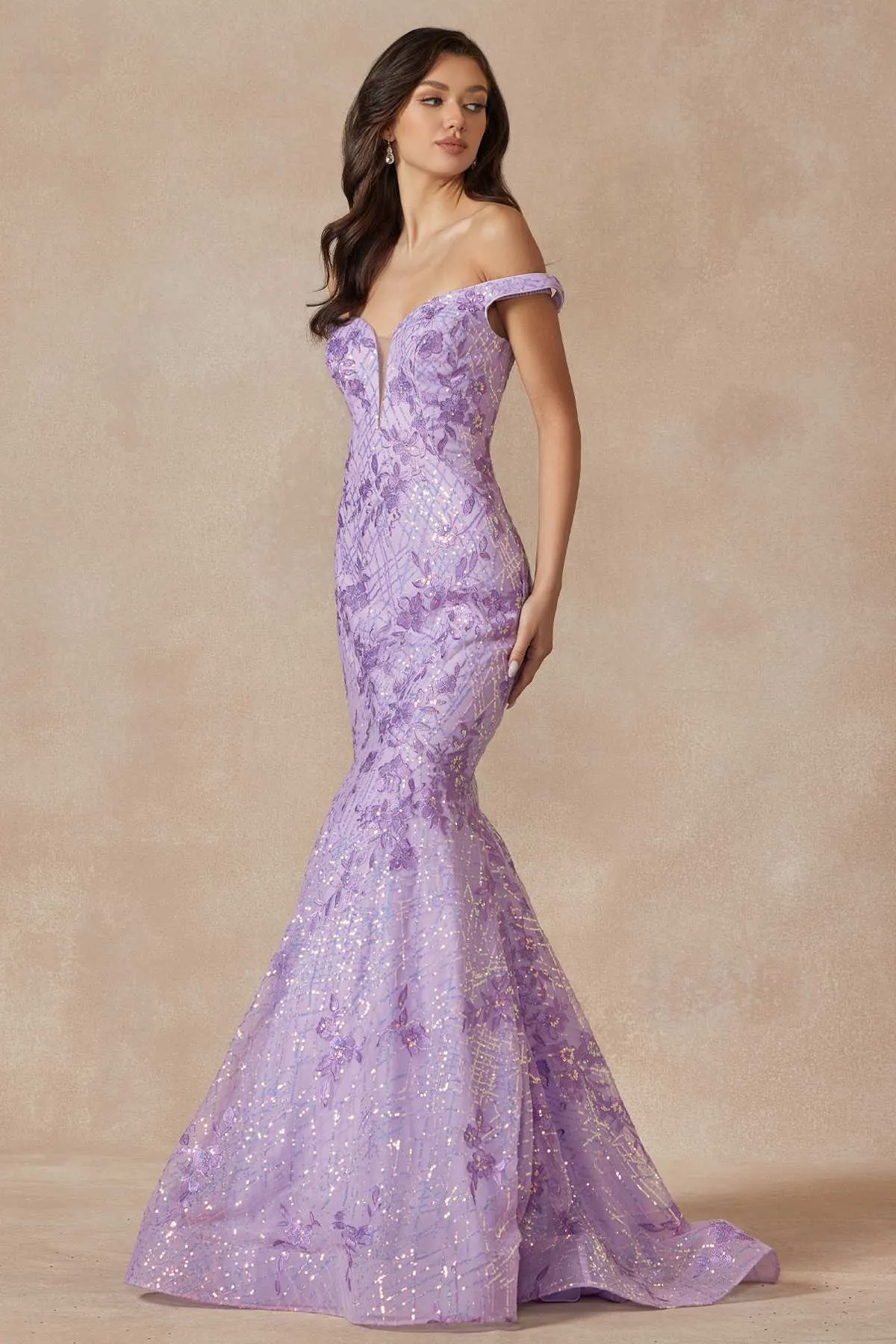 Juliet 2412 Mermaid Gown Plunging Deep V Illusion Neckline Off the Shoulder