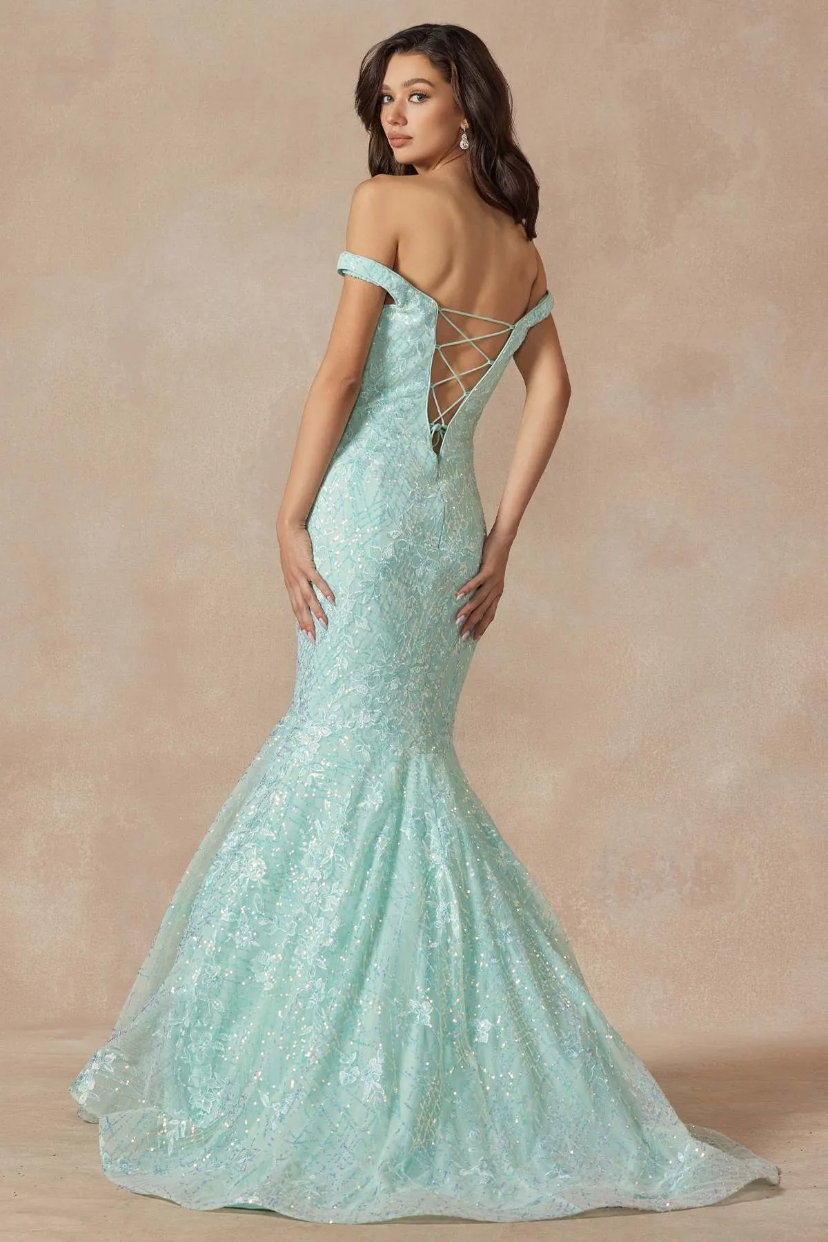 Juliet 2412 Mermaid Gown Plunging Deep V Illusion Neckline Off the Shoulder