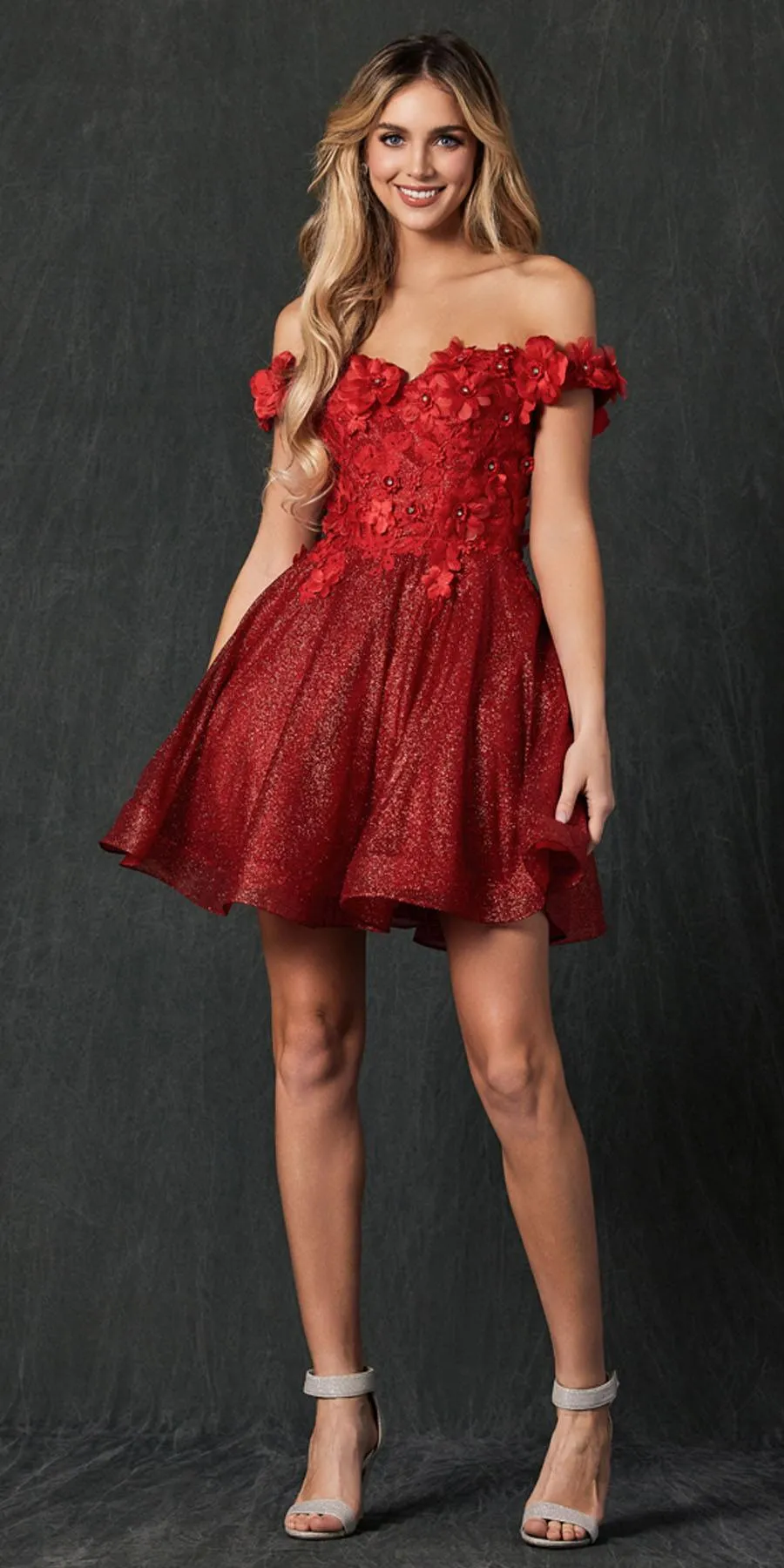 Juliet 861 Floral Embroidered Glitter Mesh Short A-Line Dress