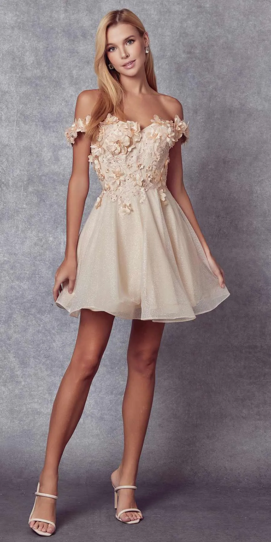 Juliet 861 Floral Embroidered Glitter Mesh Short A-Line Dress