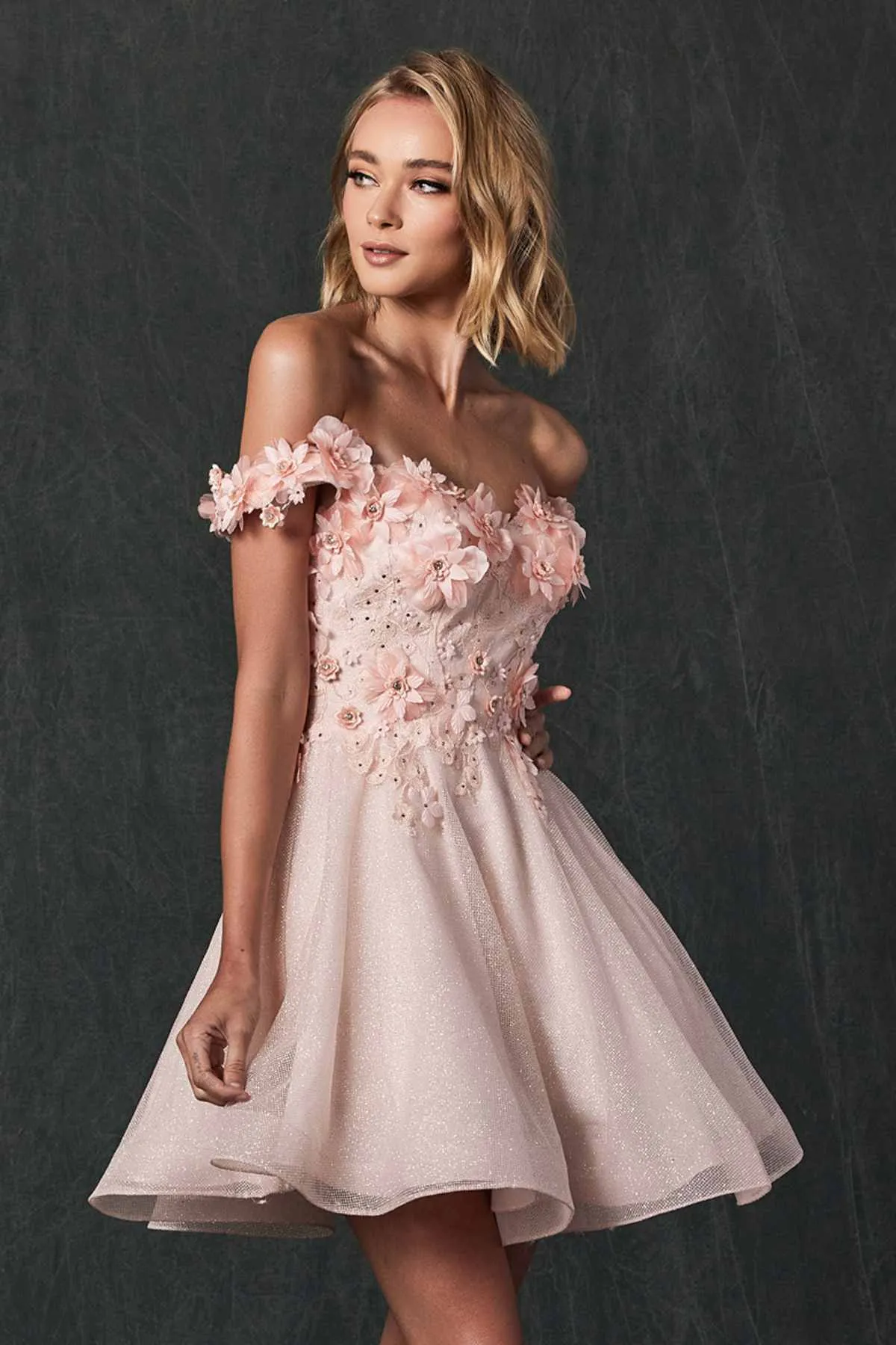 Juliet 861 Floral Embroidered Glitter Mesh Short A-Line Dress