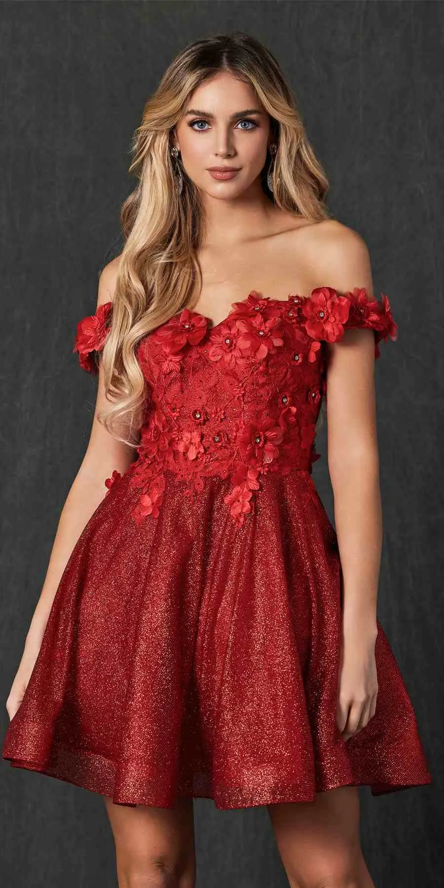 Juliet 861 Floral Embroidered Glitter Mesh Short A-Line Dress
