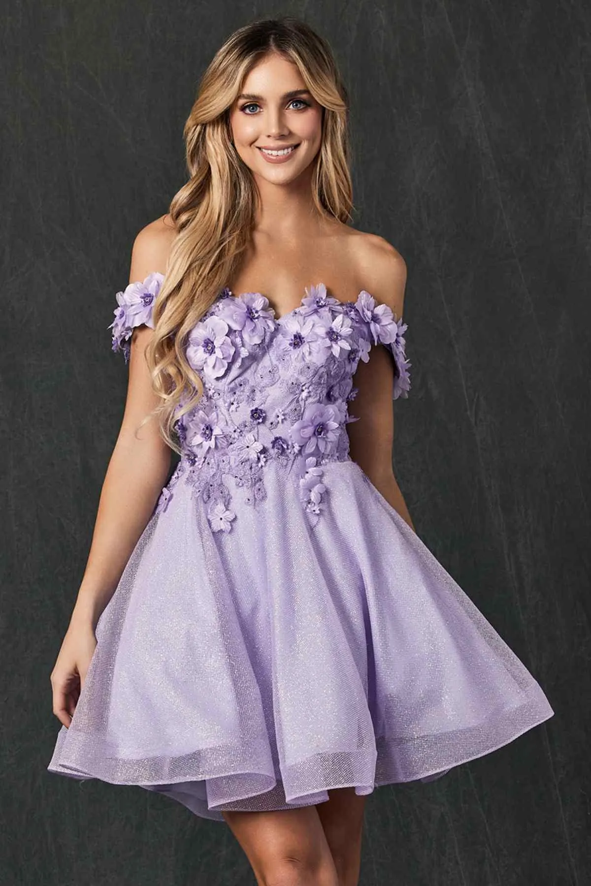 Juliet 861 Floral Embroidered Glitter Mesh Short A-Line Dress