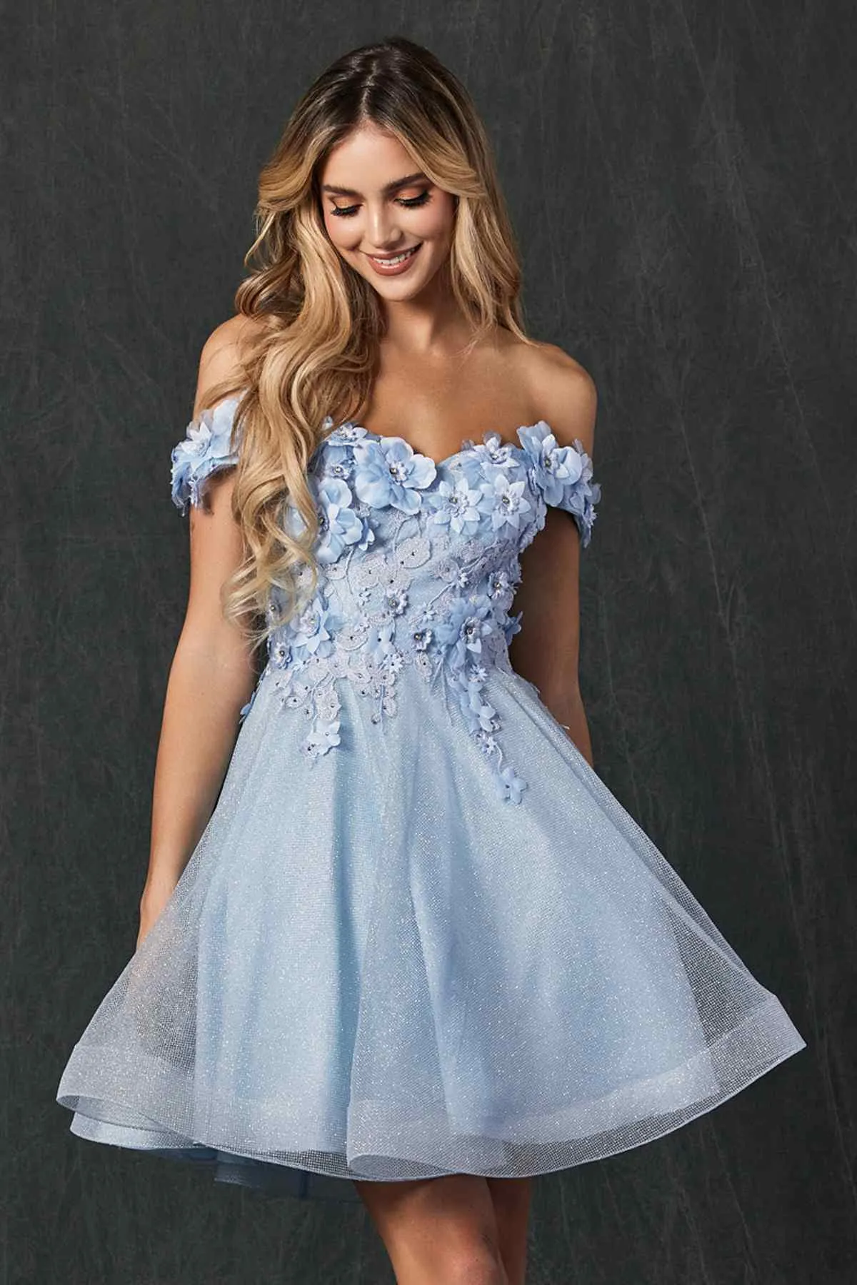 Juliet 861 Floral Embroidered Glitter Mesh Short A-Line Dress