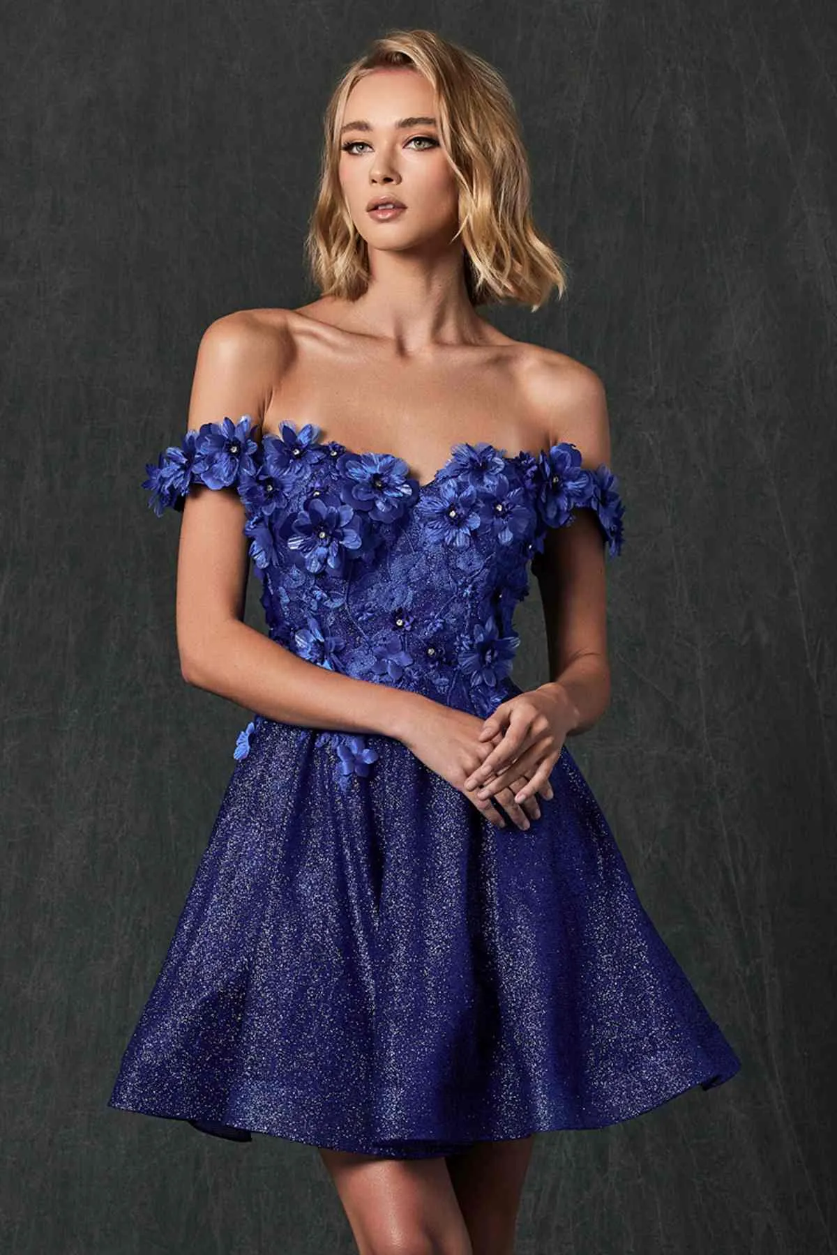 Juliet 861 Floral Embroidered Glitter Mesh Short A-Line Dress