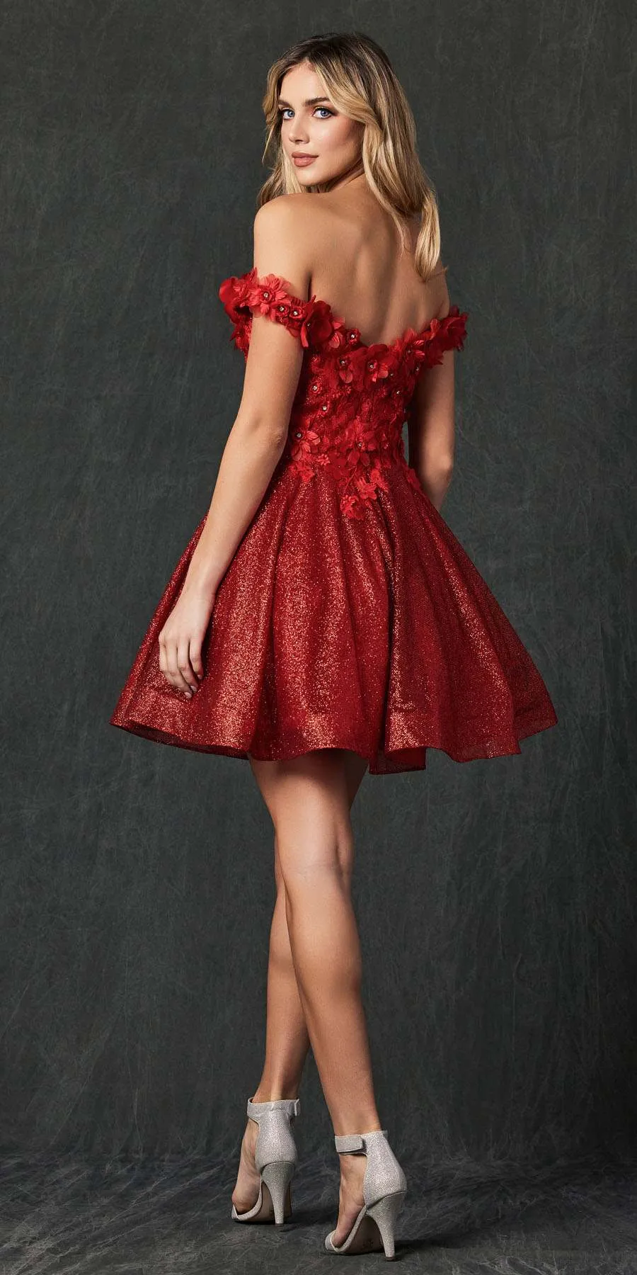 Juliet 861 Floral Embroidered Glitter Mesh Short A-Line Dress