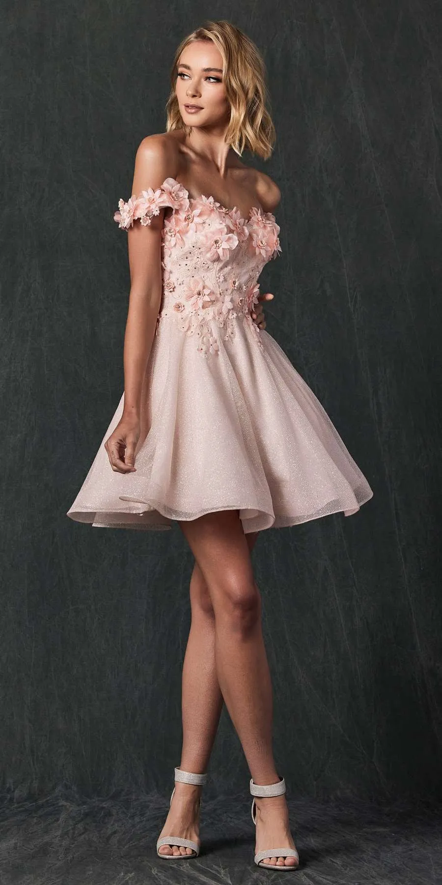 Juliet 861 Floral Embroidered Glitter Mesh Short A-Line Dress