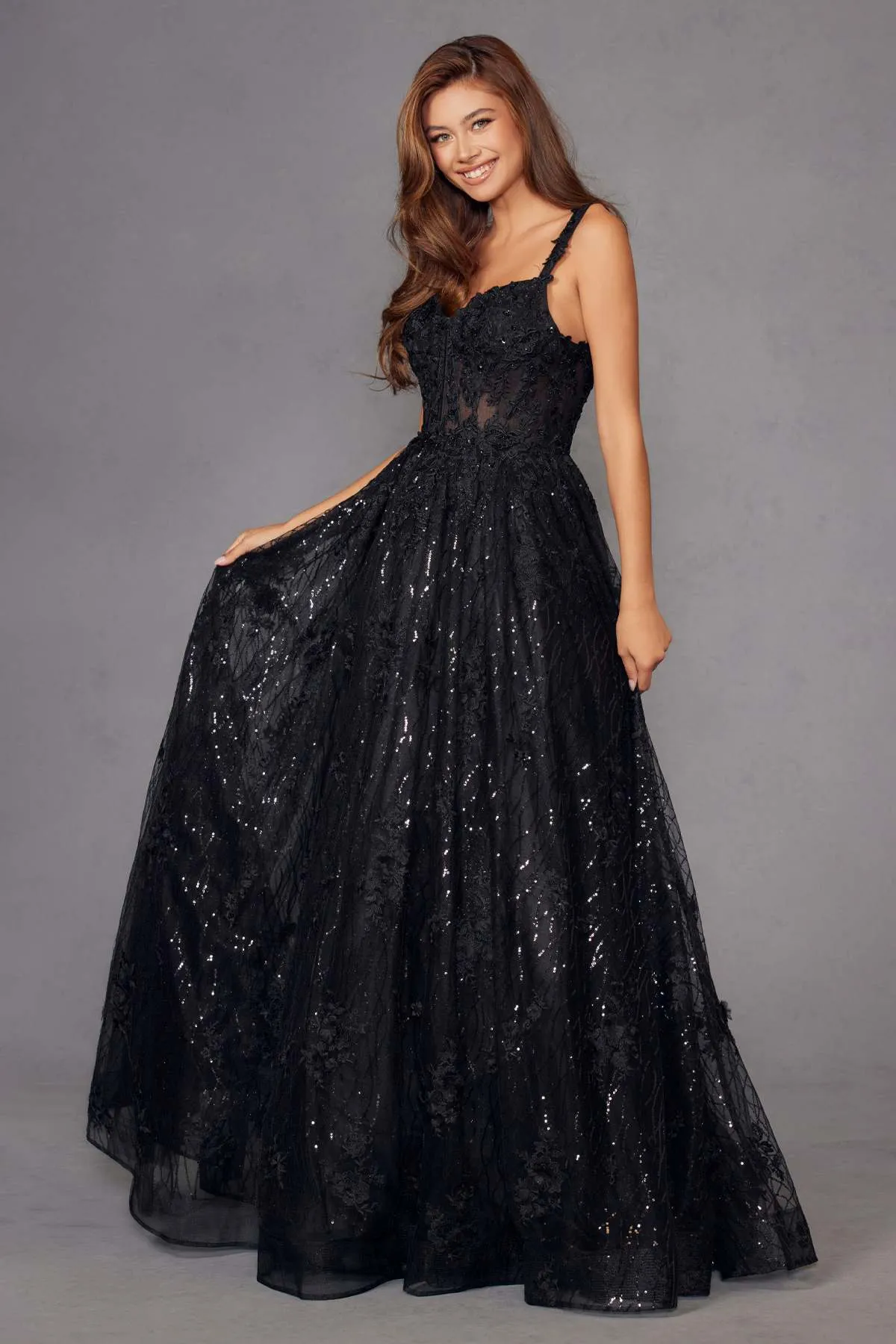 Juliet JT2495A Long A-Line Floral Lace Evening Gown