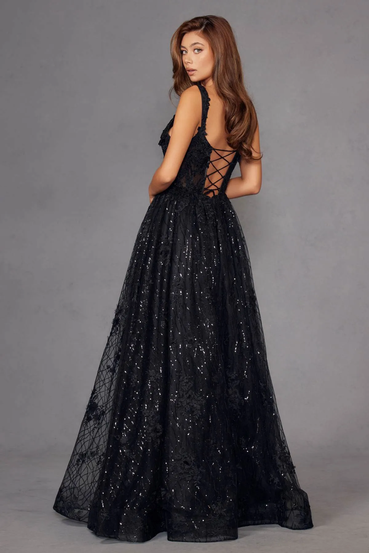 Juliet JT2495A Long A-Line Floral Lace Evening Gown