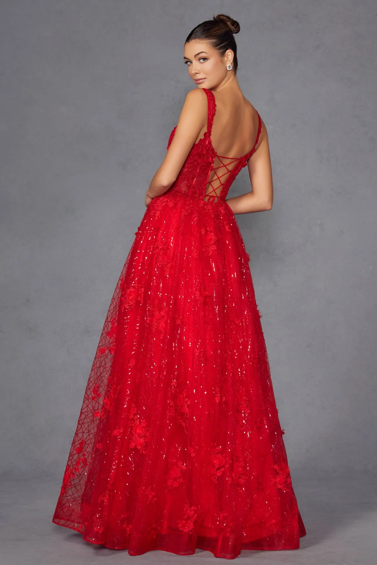 Juliet JT2495A Long A-Line Floral Lace Evening Gown