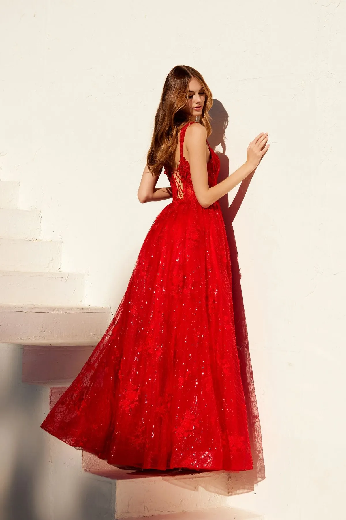 Juliet JT2495A Long A-Line Floral Lace Evening Gown