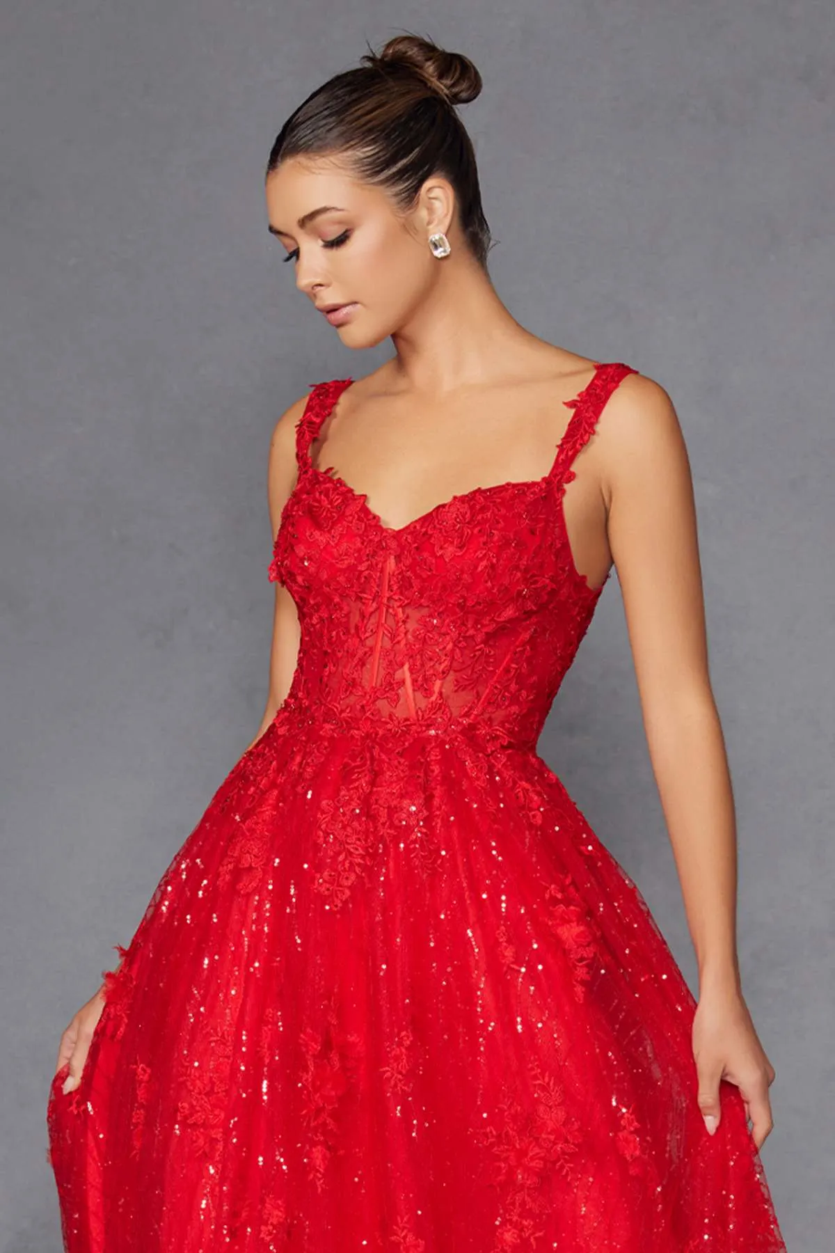 Juliet JT2495A Long A-Line Floral Lace Evening Gown
