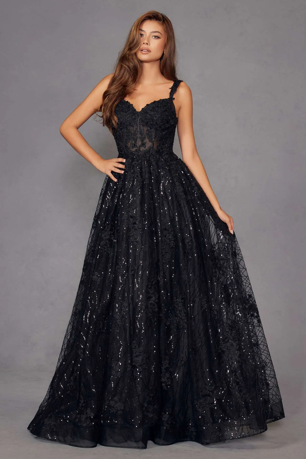 Juliet JT2495A Long A-Line Floral Lace Evening Gown
