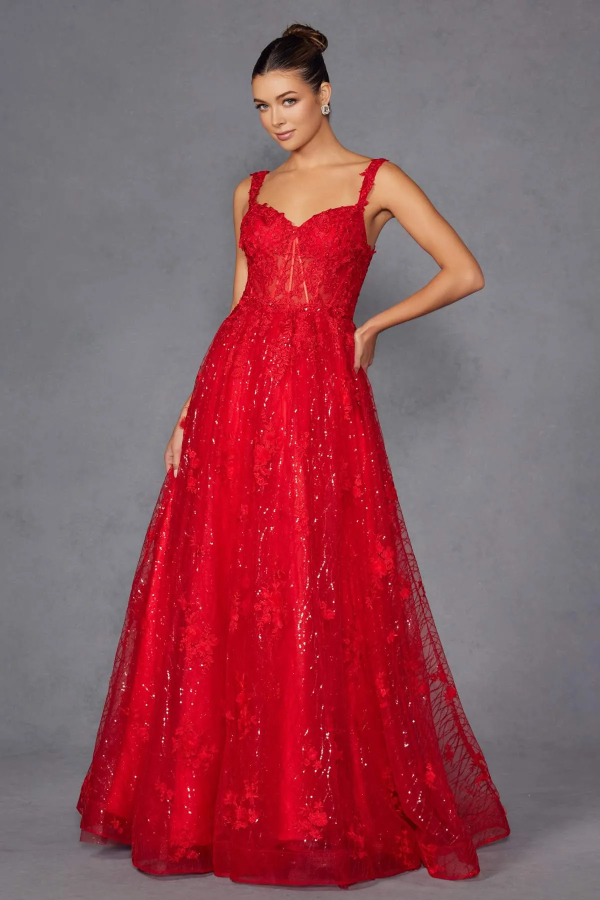 Juliet JT2495A Long A-Line Floral Lace Evening Gown