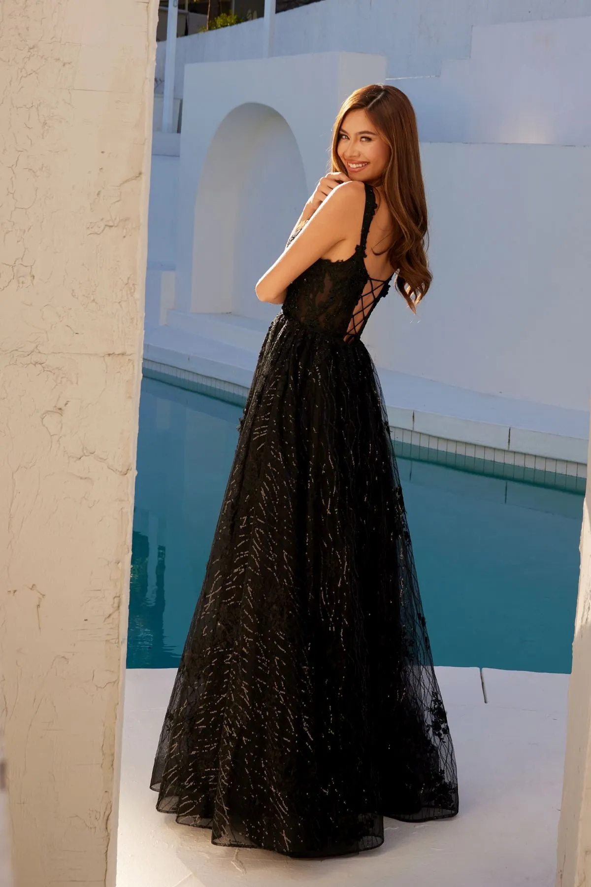 Juliet JT2495A Long A-Line Floral Lace Evening Gown
