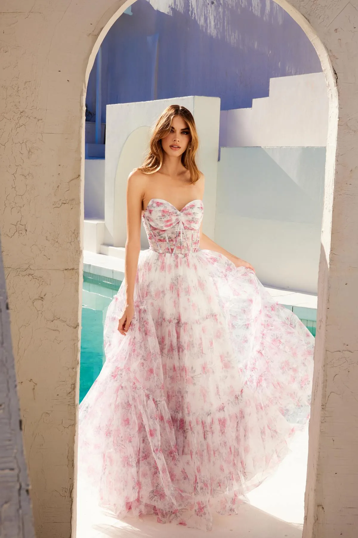Juliet JT2507A Long Strapless Sweetheart Print Tiered Skirt Gown