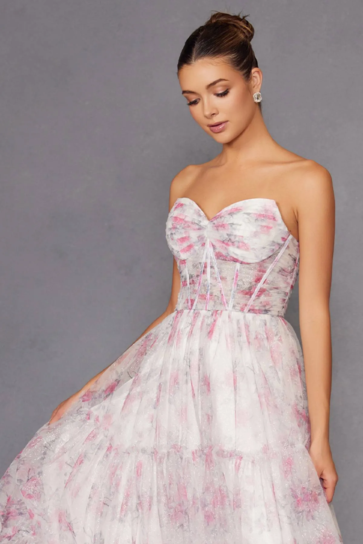 Juliet JT2507A Long Strapless Sweetheart Print Tiered Skirt Gown