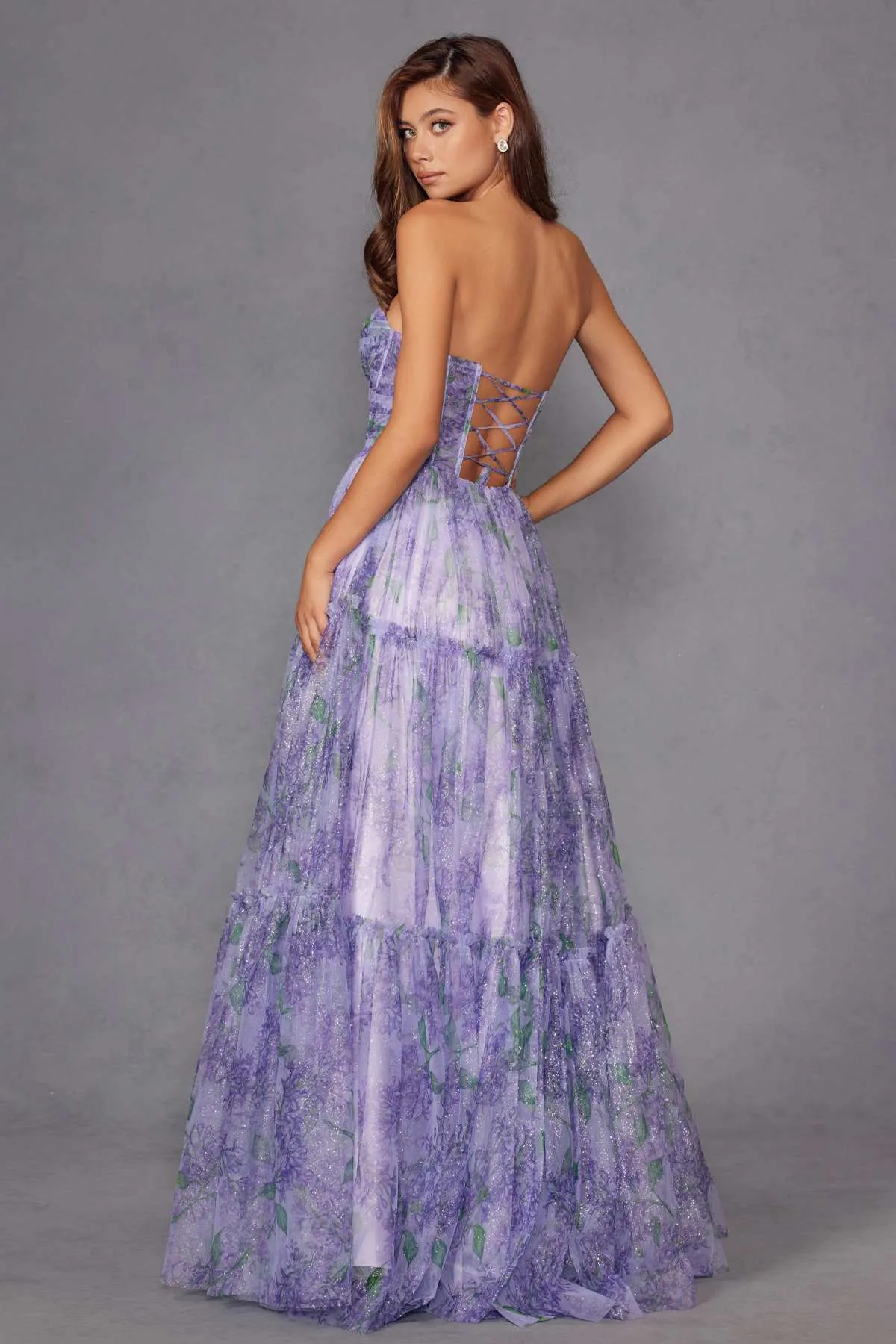 Juliet JT2507A Long Strapless Sweetheart Print Tiered Skirt Gown