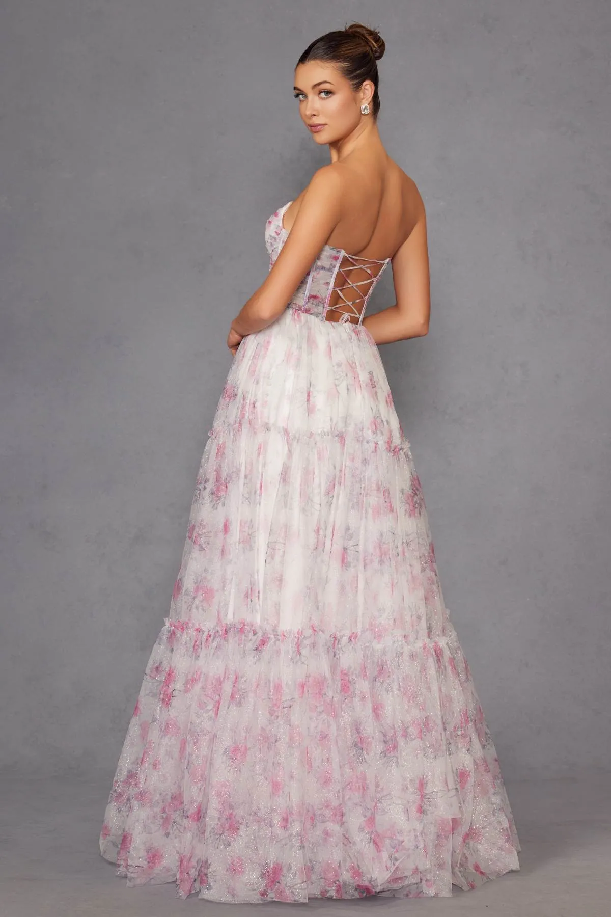 Juliet JT2507A Long Strapless Sweetheart Print Tiered Skirt Gown