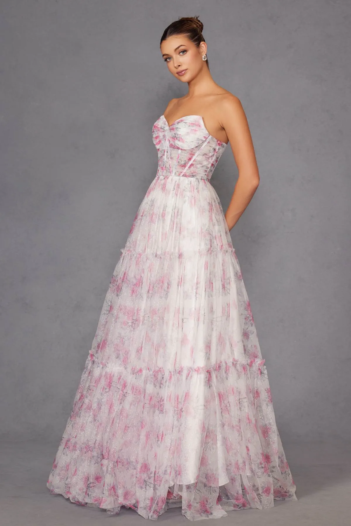 Juliet JT2507A Long Strapless Sweetheart Print Tiered Skirt Gown