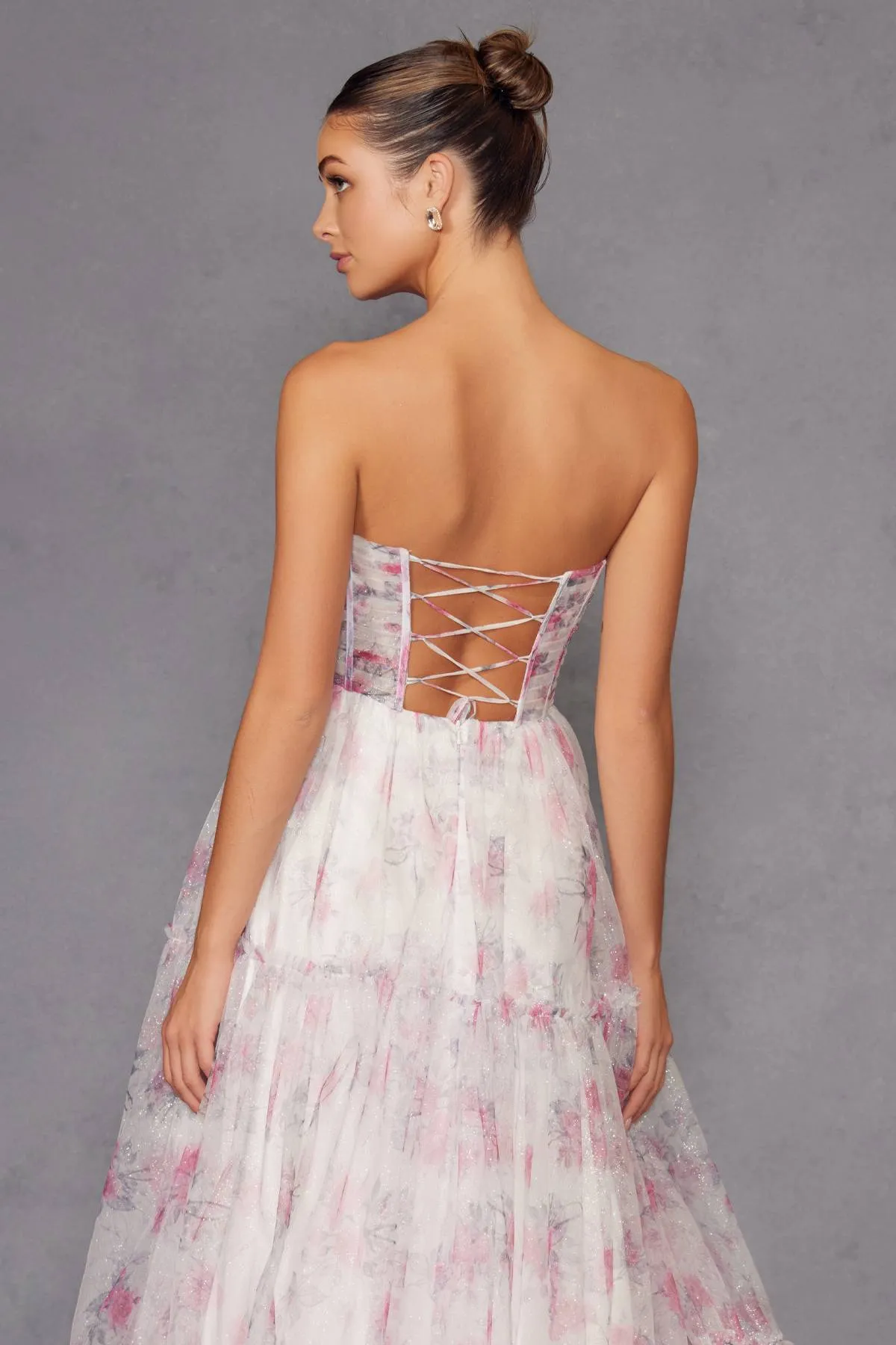 Juliet JT2507A Long Strapless Sweetheart Print Tiered Skirt Gown