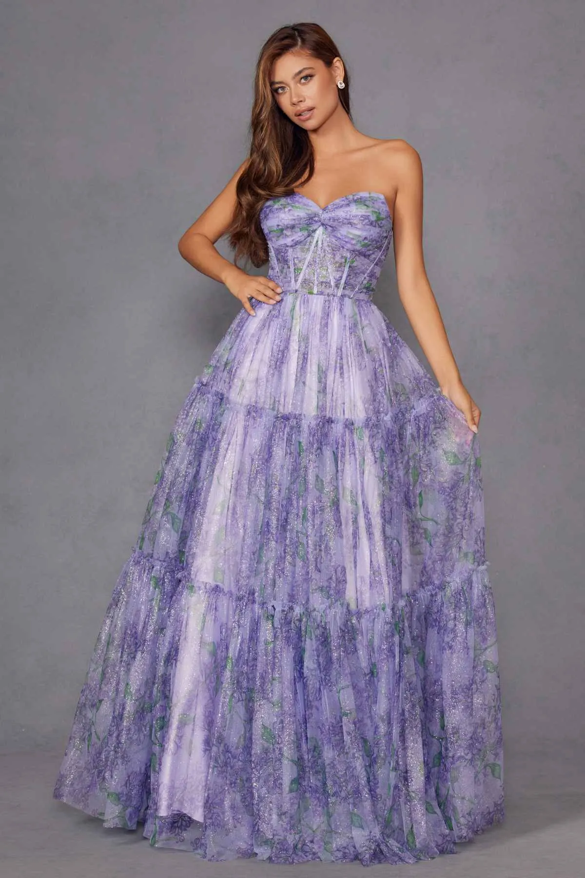 Juliet JT2507A Long Strapless Sweetheart Print Tiered Skirt Gown