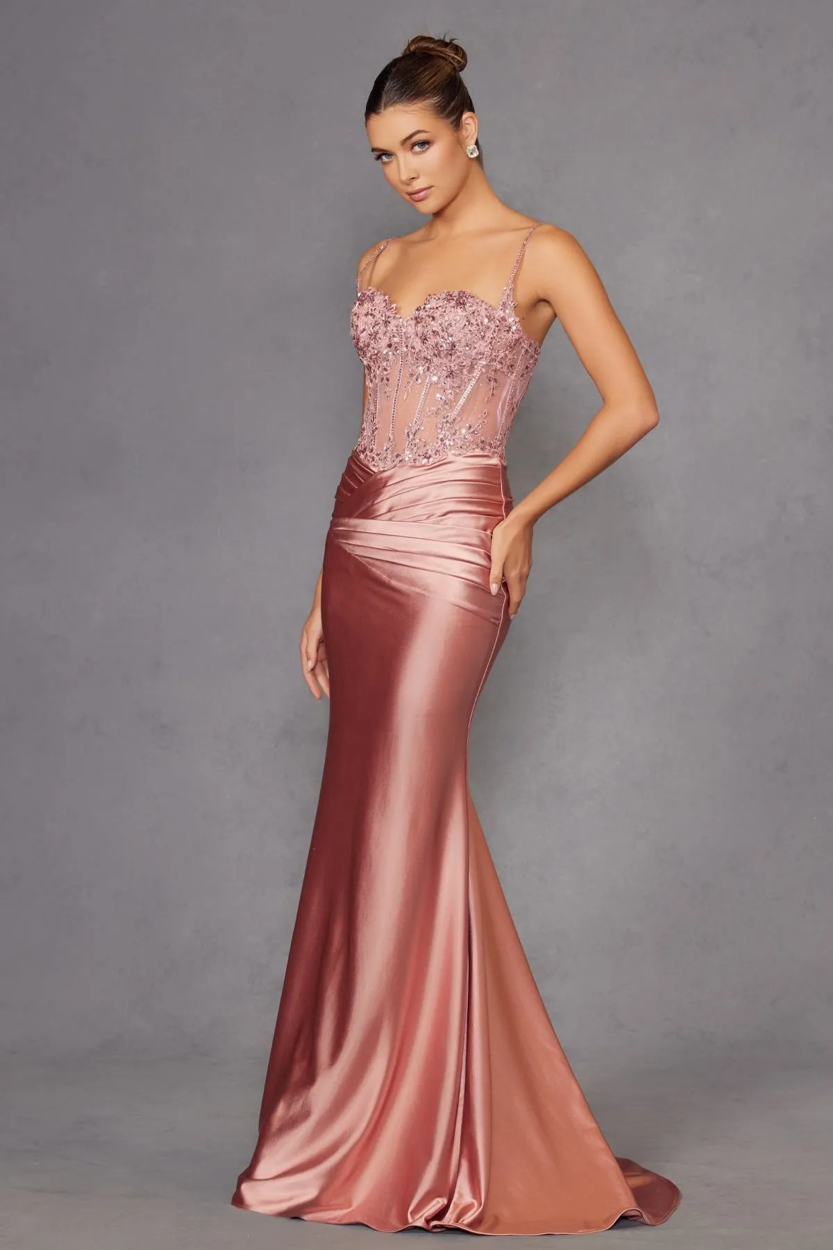 Juliet JT2531K Fitted Bodice Long Satin Sweetheart Prom Gown
