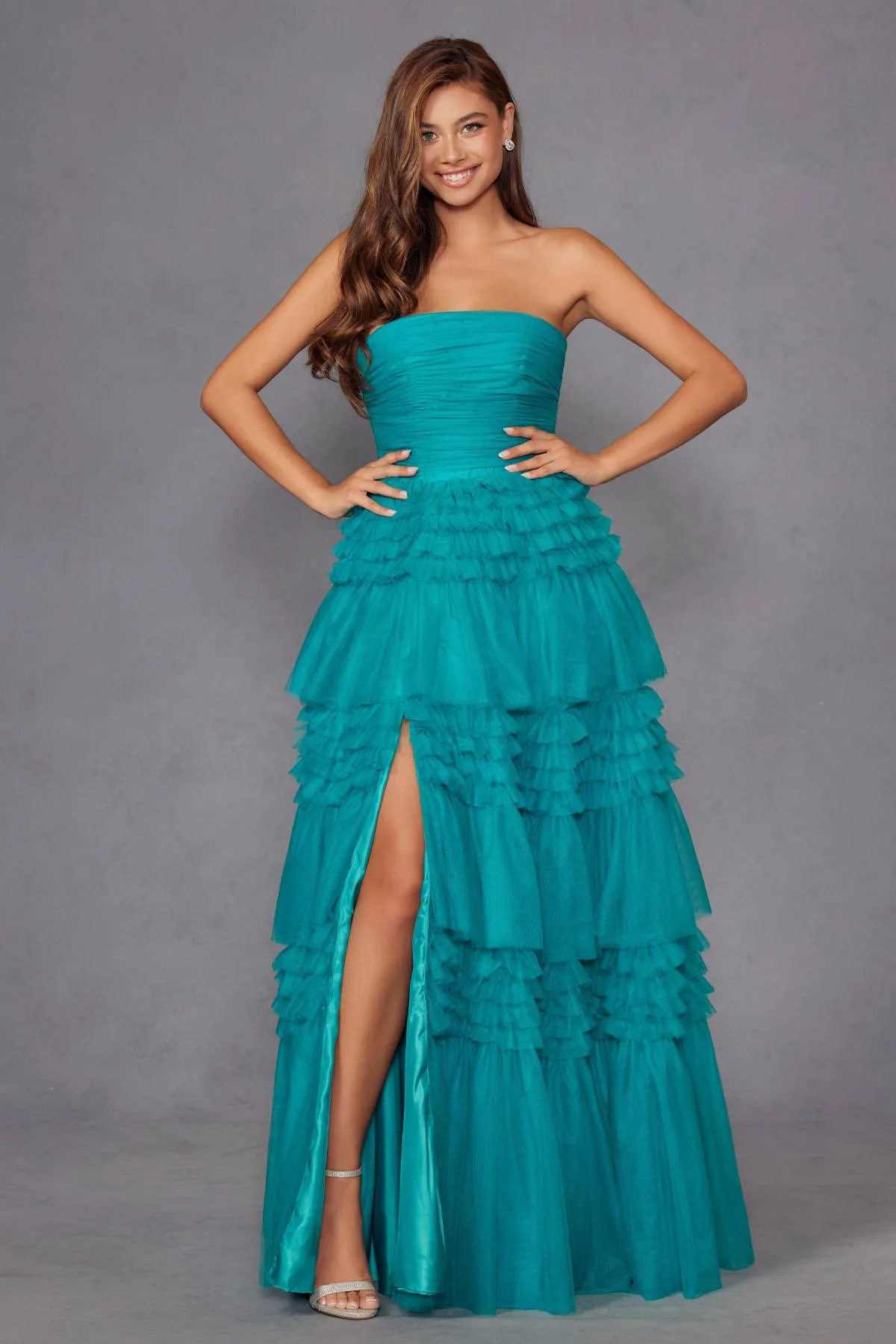 Juliet JT2542S Long Strapless Layered Tulle A-Line Gown