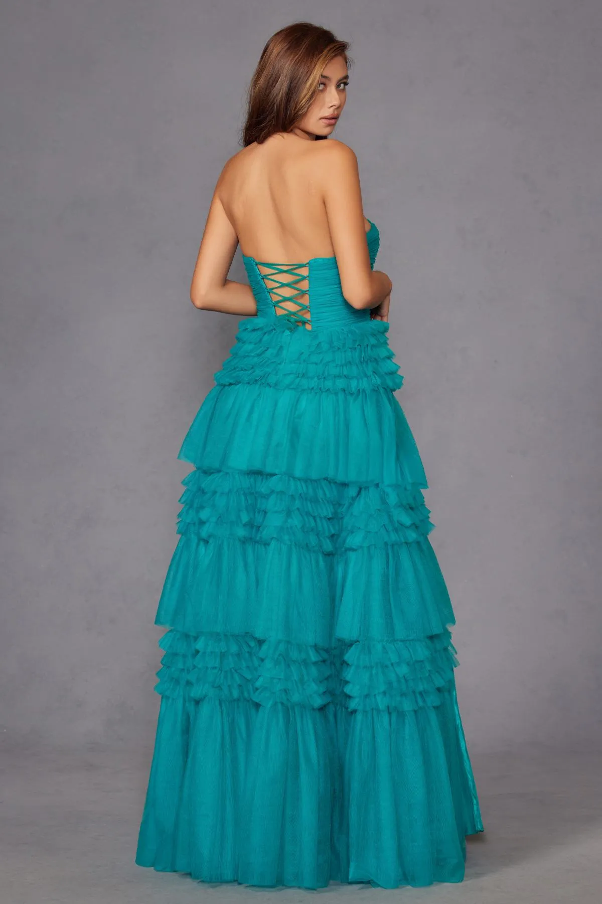Juliet JT2542S Long Strapless Layered Tulle A-Line Gown
