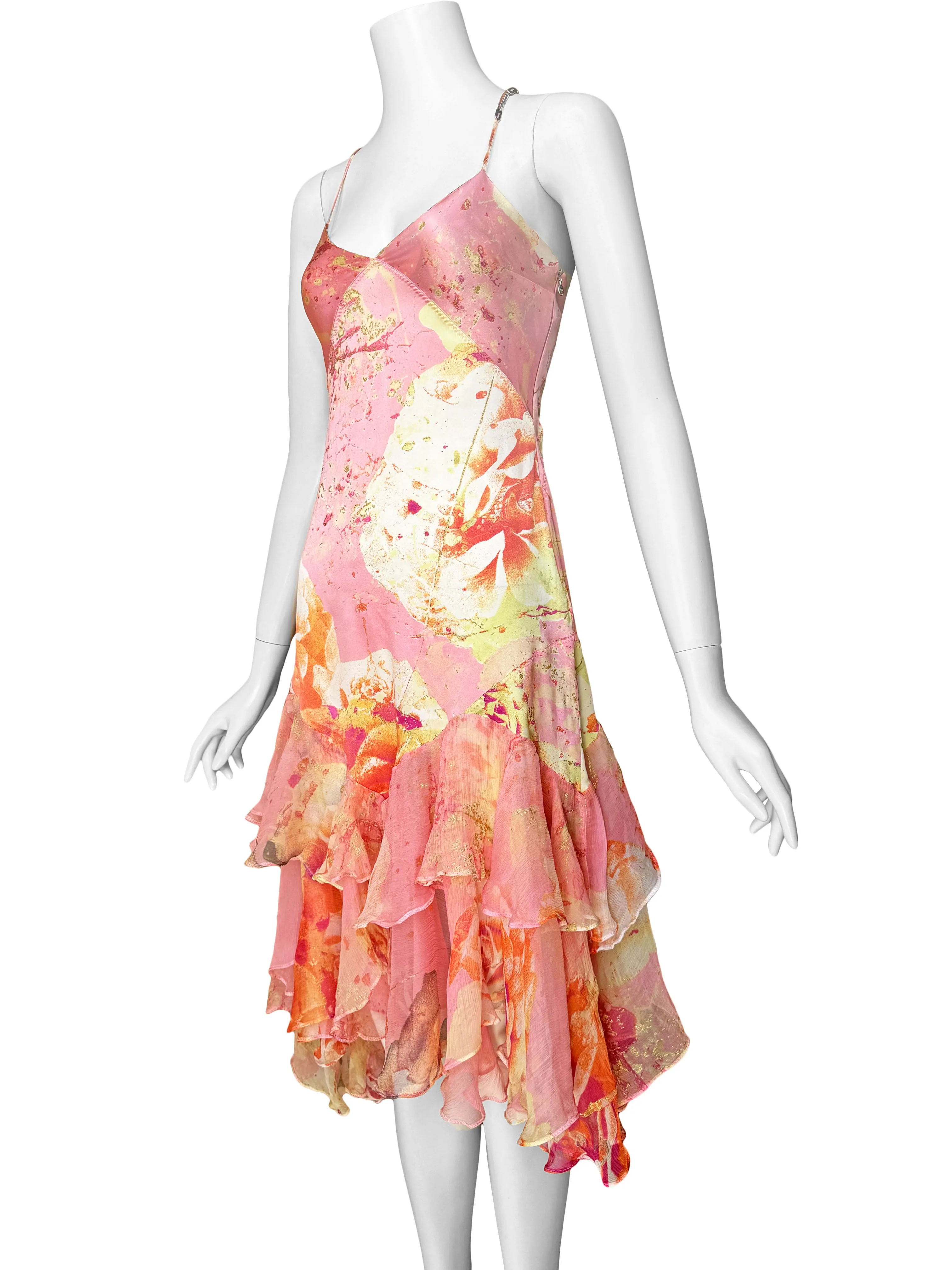 Just Cavalli Y2K Pink Silk Rose Print Dress