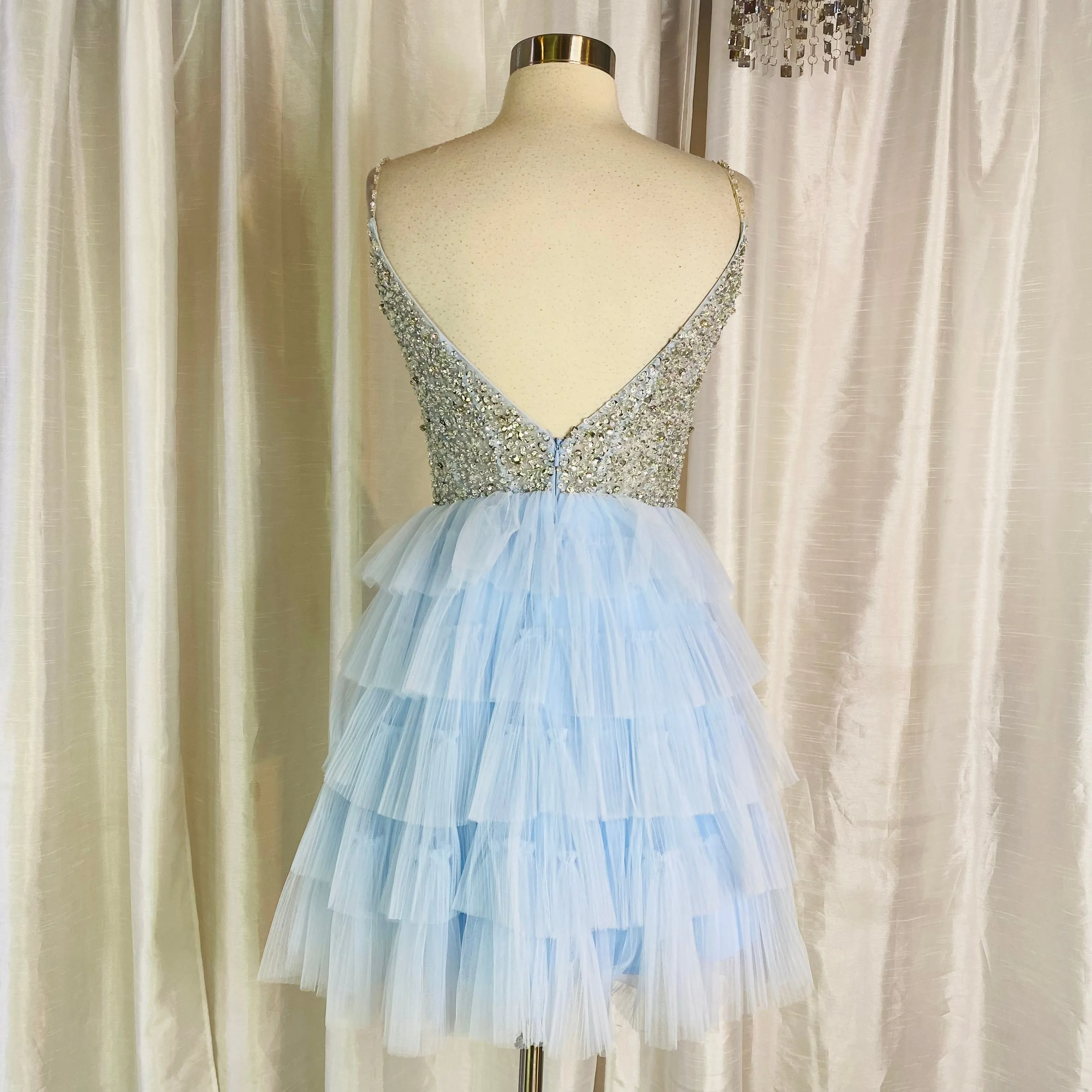JVN By JOVANI Style 22604 Short Tiered Gown Baby Blue Size 4