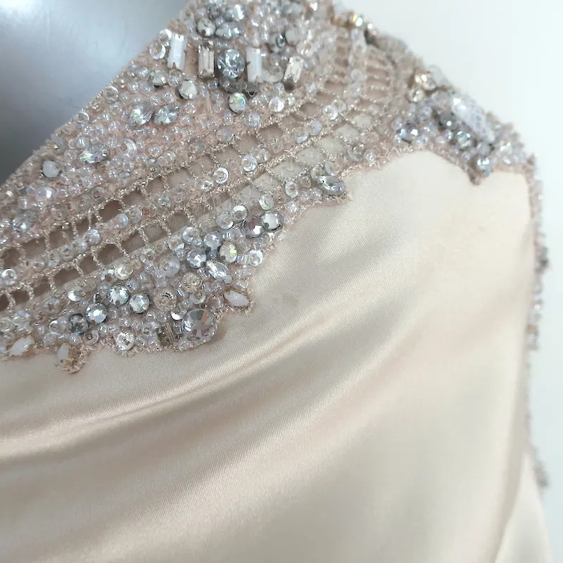 KAUFMANFRANCO Crystal-Embellished Mini Slip Dress Beige Silk Satin Size 2