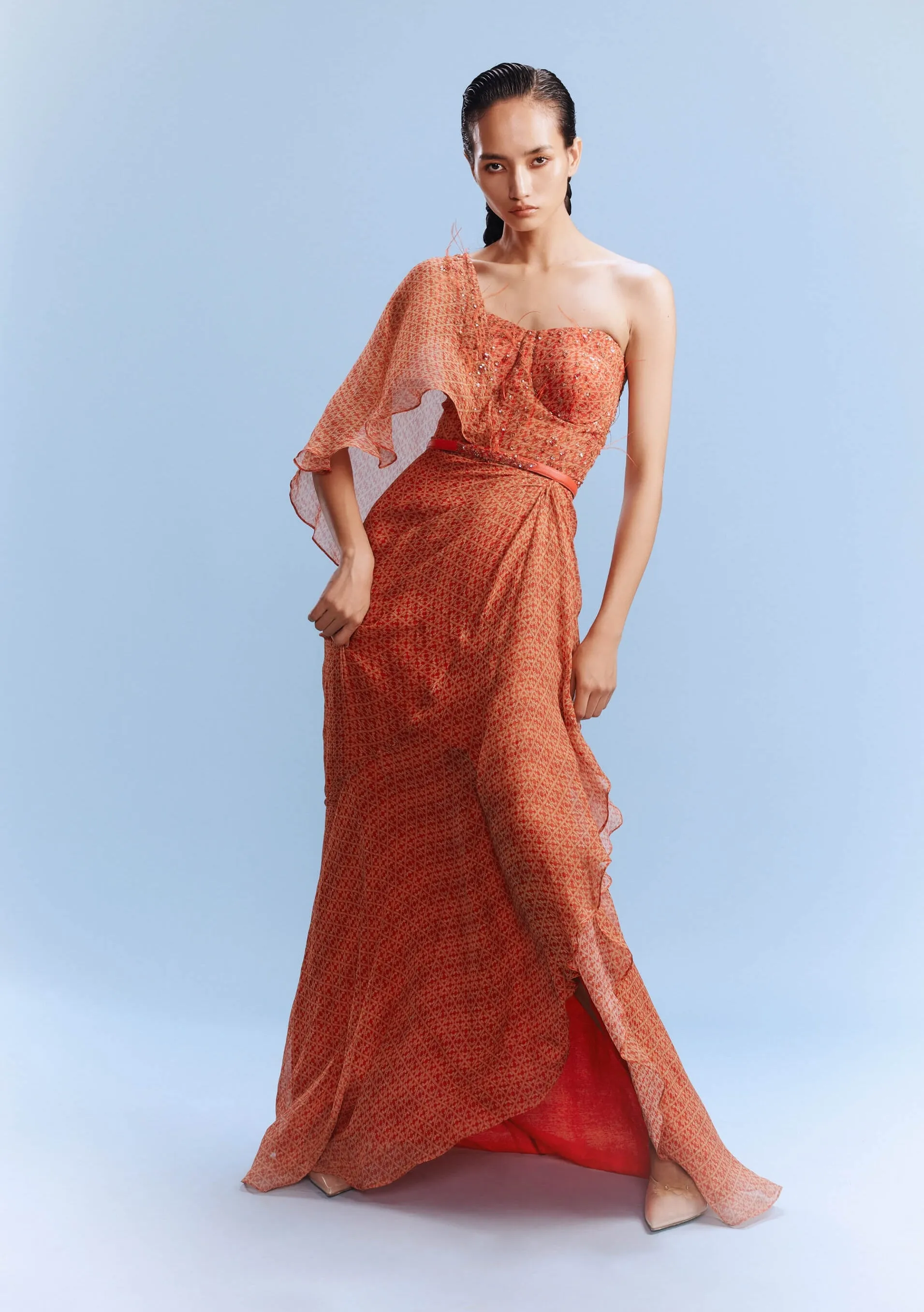 Keeva orange printed draped gown