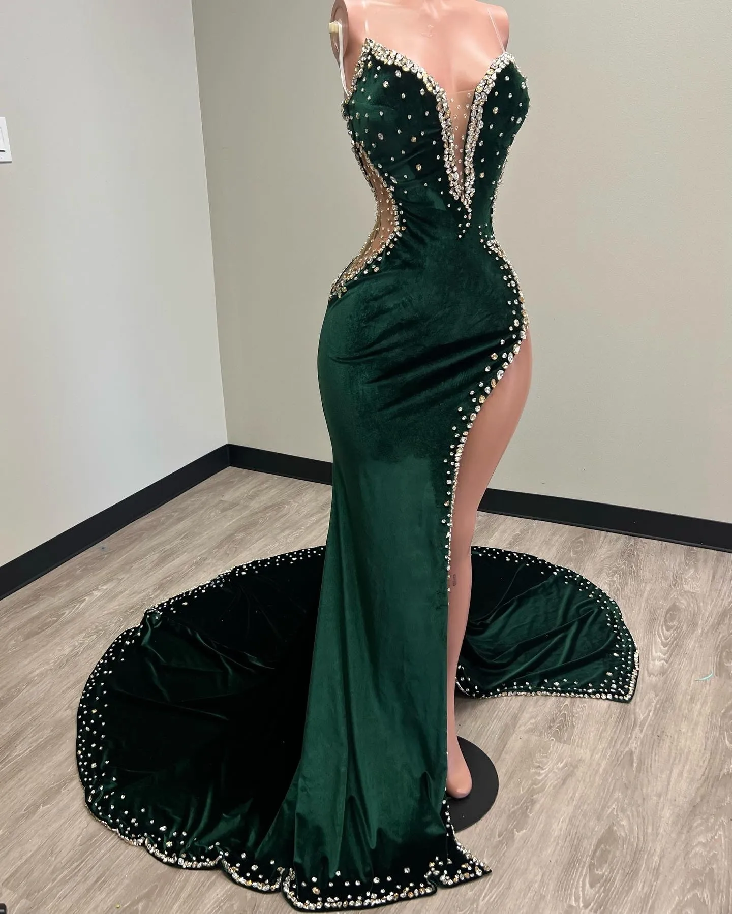 “KELCEE” Velvet Cutout Strapless Gown w/ Crystal Embellishment