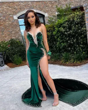 “KELCEE” Velvet Cutout Strapless Gown w/ Crystal Embellishment