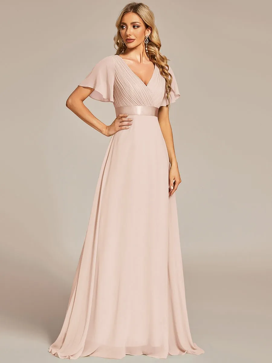 Kelsie v neck flutter sleeve chiffon wedding dress in blush