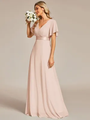 Kelsie v neck flutter sleeve chiffon wedding dress in blush