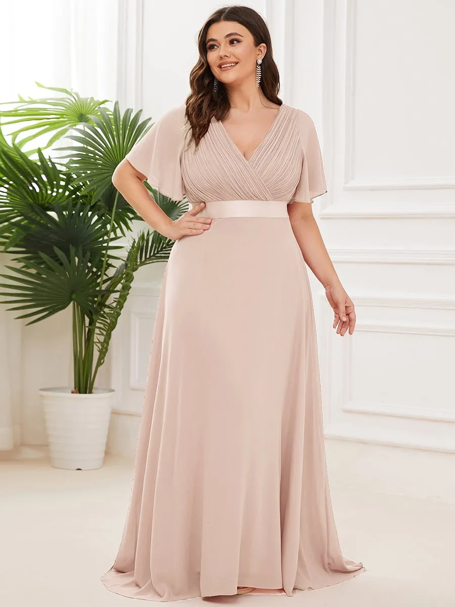 Kelsie v neck flutter sleeve chiffon wedding dress in blush