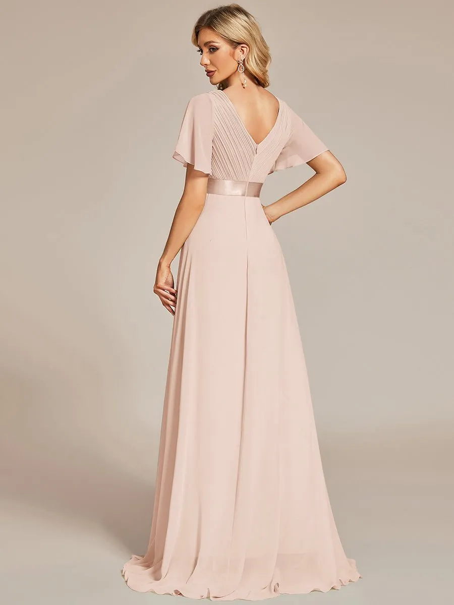 Kelsie v neck flutter sleeve chiffon wedding dress in blush