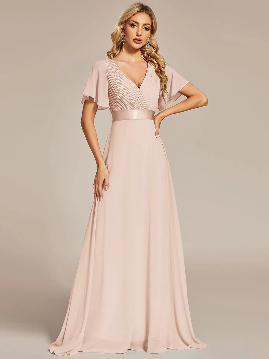 Kelsie v neck flutter sleeve chiffon wedding dress in blush