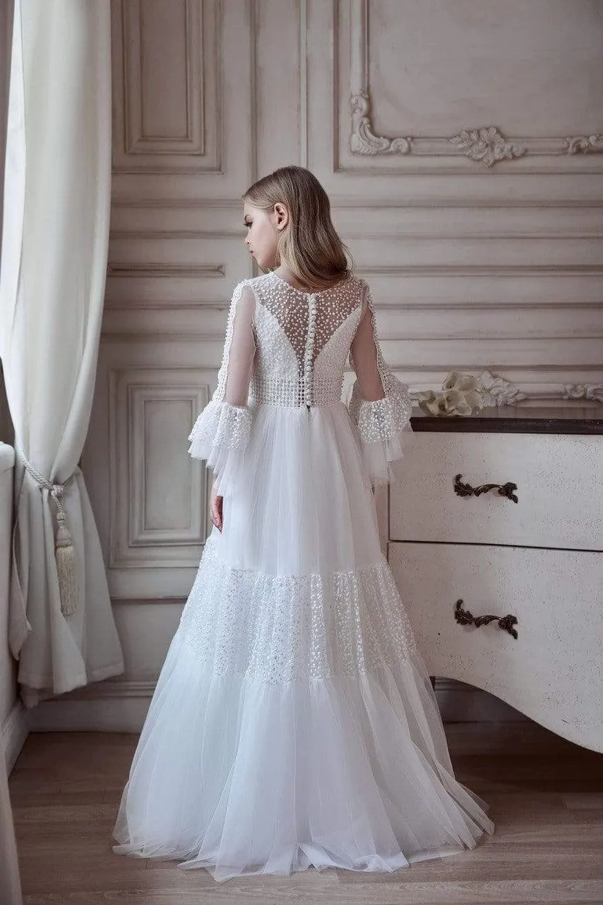 Lace and Tulle Communion Dress with Long Ruffled Sleeves