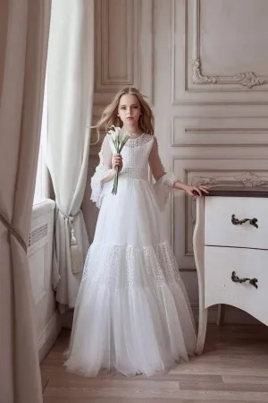 Lace and Tulle Communion Dress with Long Ruffled Sleeves