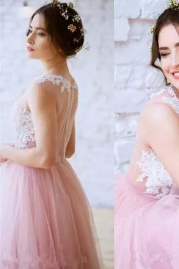Lace Blush Pink Tulle Wedding Dress with Illusion Neckline