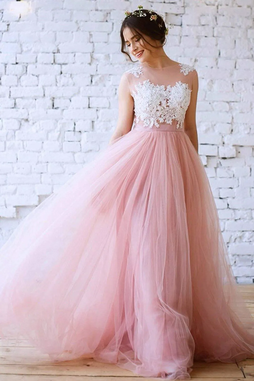 Lace Blush Pink Tulle Wedding Dress with Illusion Neckline