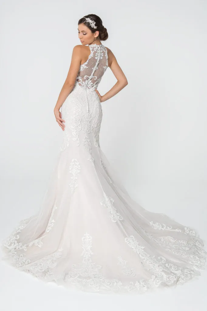 Lace Embellished Mesh Wedding Gown w/ Sheer Back