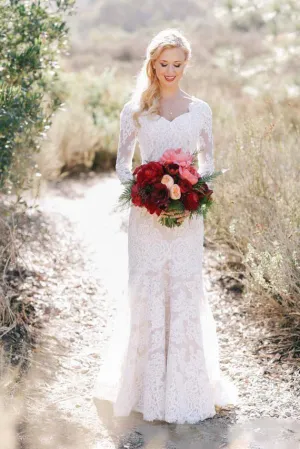 Lace Long Sleeve Country V-neck Elegant Garden Wedding Dresses-715316